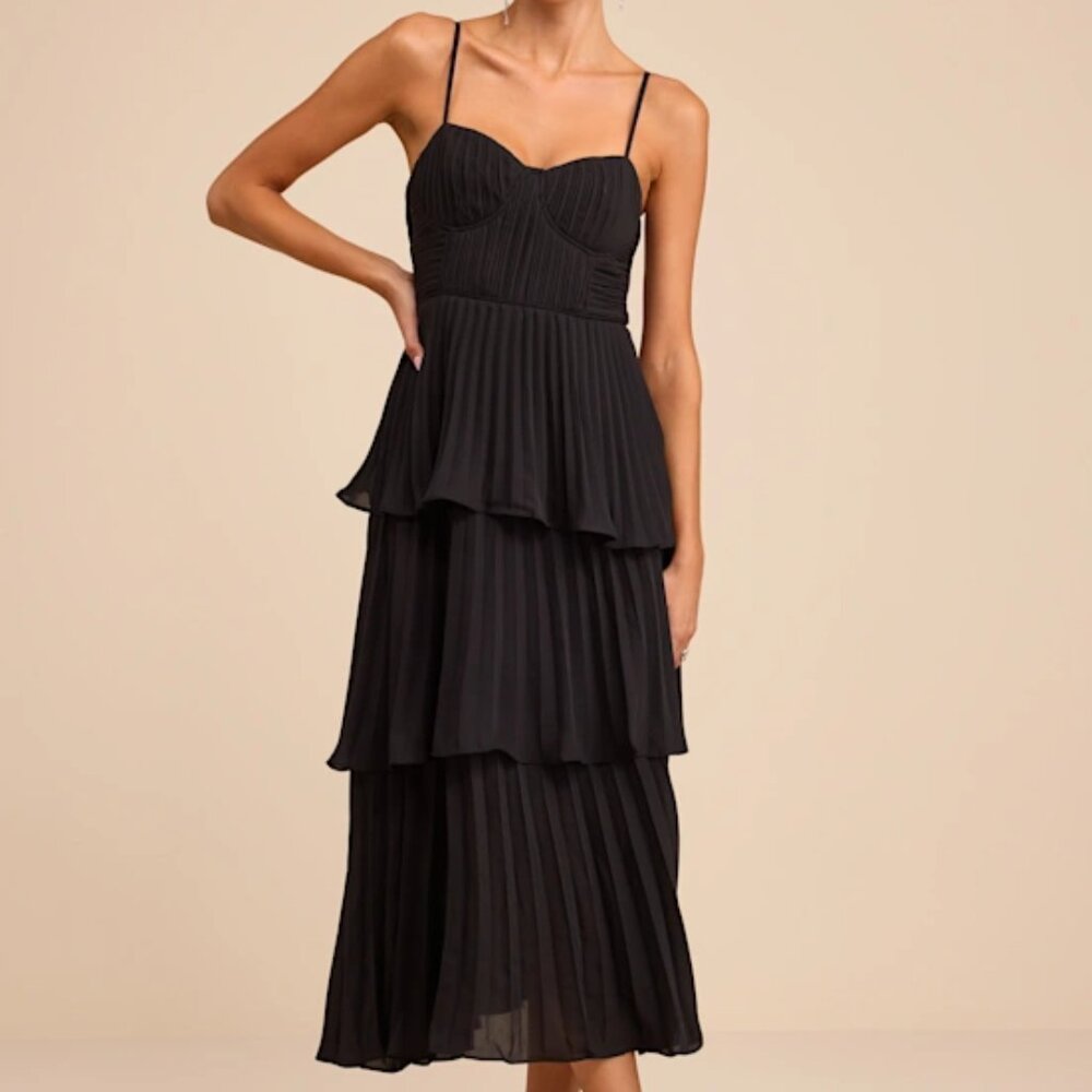 Lulus Cascading Crush Black Tiered Bustier Midi Dress | NWOT | L